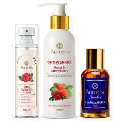 Aurrelis Combo Pack – Rose Shower Gel, Rose Water & Amber Perfume | Skincare & Fragrance Set