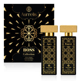 Aurrelis Boss Collection perfume gift set with two 55ml luxury extrait de parfum bottles, featuring elegant glass bottles and decorative packaging.