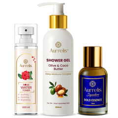 Aurrelis Combo Pack – Olive Shower Gel, Rose Toner & Bold Essence Perfume | Skincare & Fragrance Set