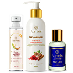Aurrelis Combo Pack – Saffron Shower Gel, Rice Toner & First Love Perfume | Skincare & Fragrance Set