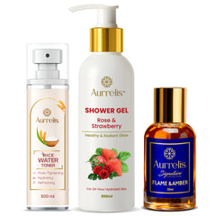 Aurrelis Combo Pack – Rose Shower Gel, Rice Water Toner & Amber Perfume | Skincare & Fragrance Set