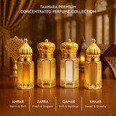 Taahara luxury attar gift set with four premium alcohol-free perfume oils in elegant bottles, including Zarra, Khaab, Ambar, and Qamar.