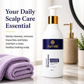Aurrelis Arctic Scalp Anti-Dandruff Shampoo bottle with piroctone olamine, keratin, biotin, and tea tree oil for healthy hair.