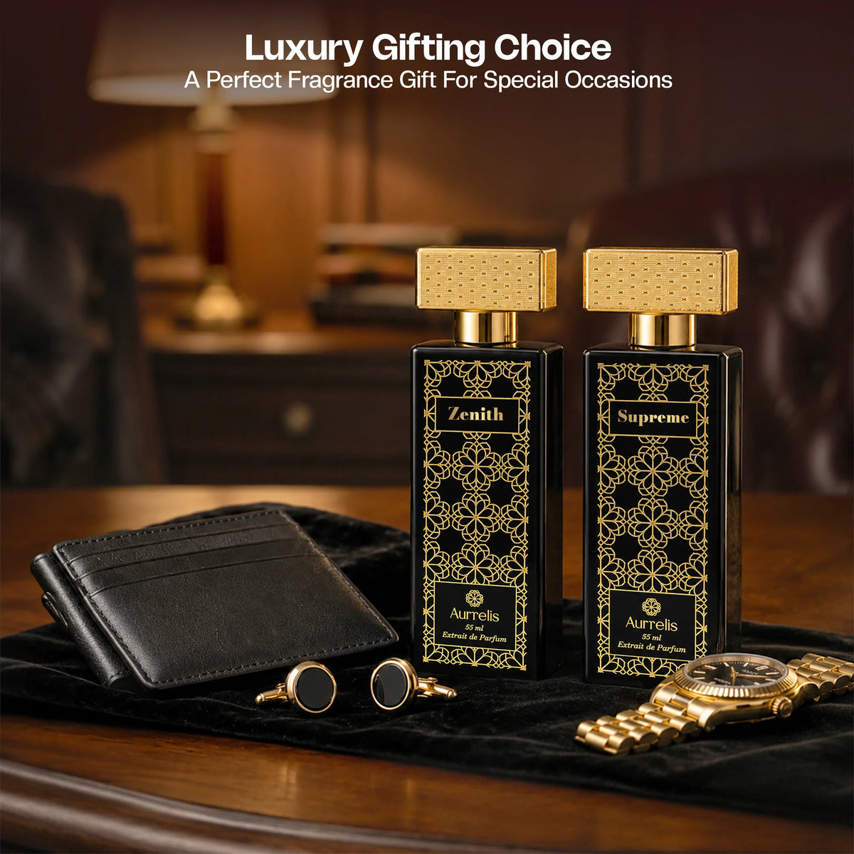 Aurrelis Boss Collection perfume gift set featuring Supreme and Zenith luxury extrait de parfum bottles, long-lasting unisex fragrances.
