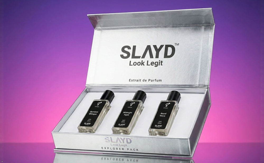 Aurrelis Parfum SLAYD LOOK LEGIT universal signature perfume discovery set with three 20ml extrait de parfum bottles for unisex use.