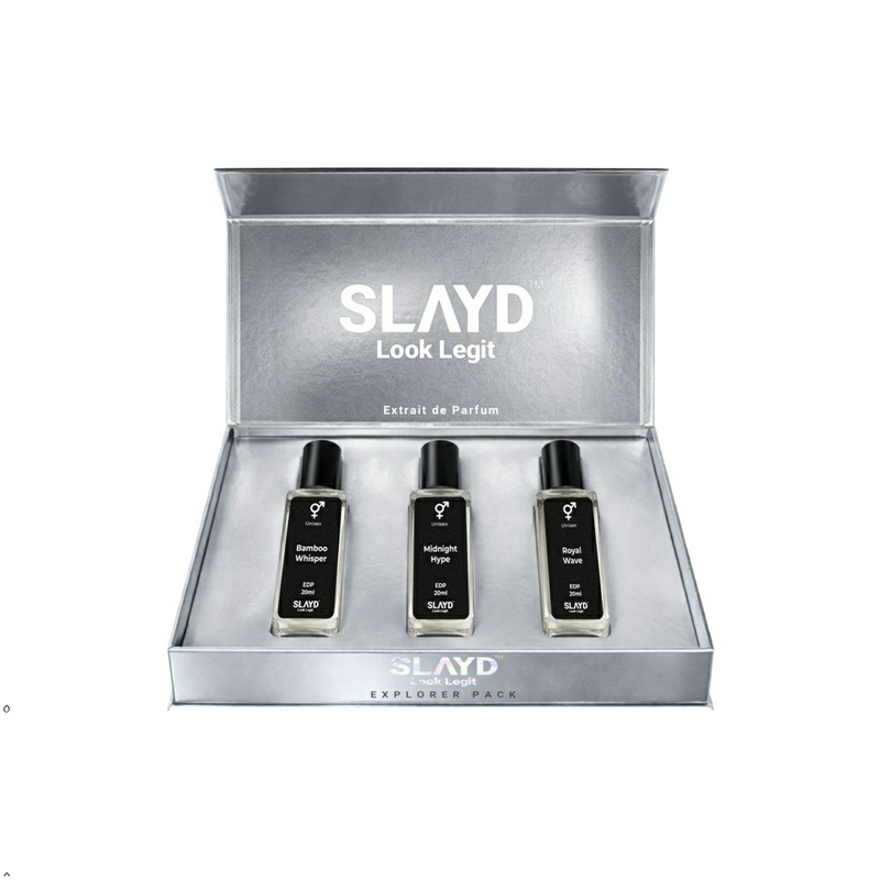 Aurrelis Parfum Slayd Look Legit Unisex Signature Discovery Set with three 20ml extrait de parfum bottles.