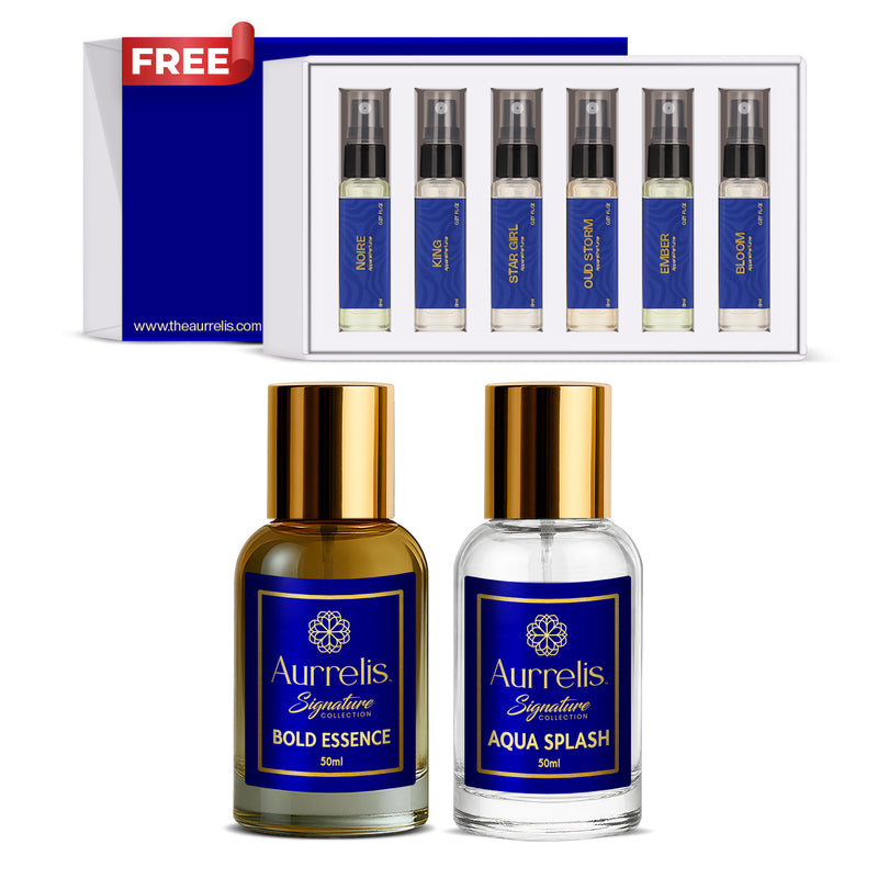 Aurrelis Signature Duo UNISEX Perfumes Combo – Aqua Splash  + Bold Essence 50ML Each + FREE Discovery Pack | Long Lasting Luxury Perfume Set
