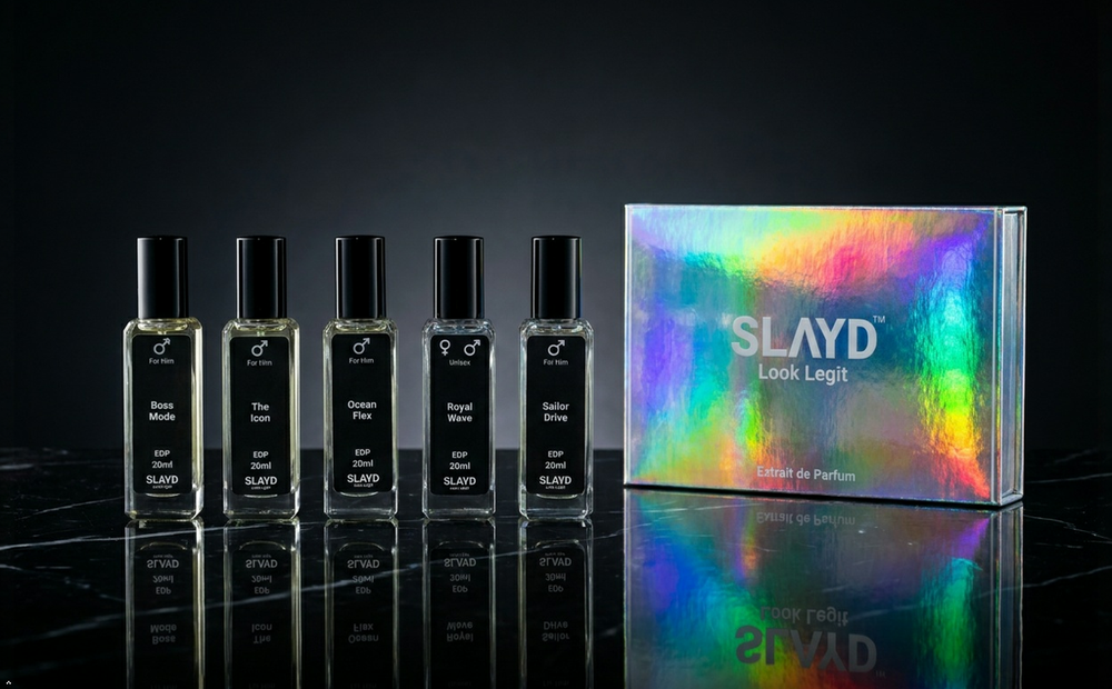 Slayd Look Legit Alpha Men discovery perfume set with five 20ml bottles, featuring extrait de parfum for men.