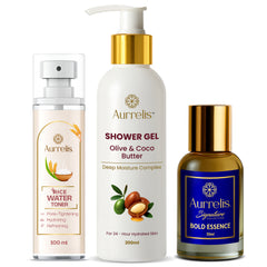 Aurrelis Combo Pack – Olive Shower Gel, Rice Toner & Bold Essence Perfume | Skincare & Fragrance Set