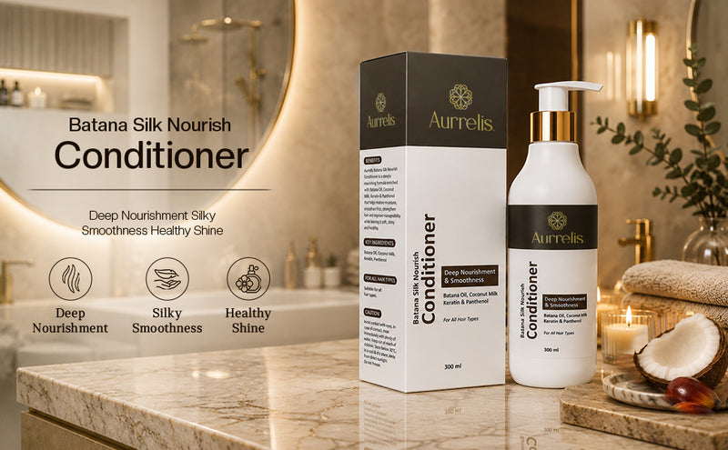 Aurrelis Batana Silk Coconut Conditioner bottle showing deep nourishing formula for soft, silky hair in a 300 ML container