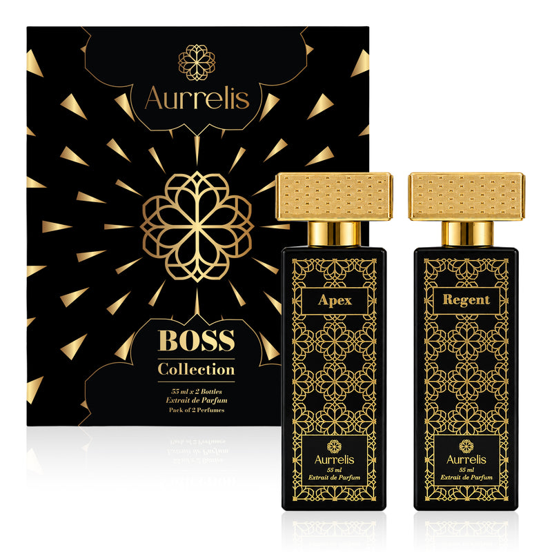 Aurrelis Boss Collection perfume gift set with two 55ml luxury extrait de parfum bottles, featuring elegant glass bottles and decorative packaging.