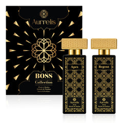 Aurrelis Boss Collection perfume gift set with two 55ml luxury extrait de parfum bottles, featuring elegant glass bottles and decorative packaging.