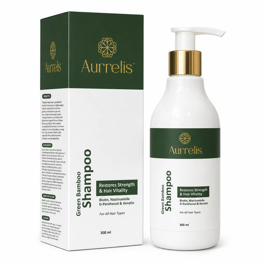 Aurrelis Green Bamboo Strength Shampoo bottle, highlighting nourishing hair cleanser for smooth, healthy hair in 300 ML size.