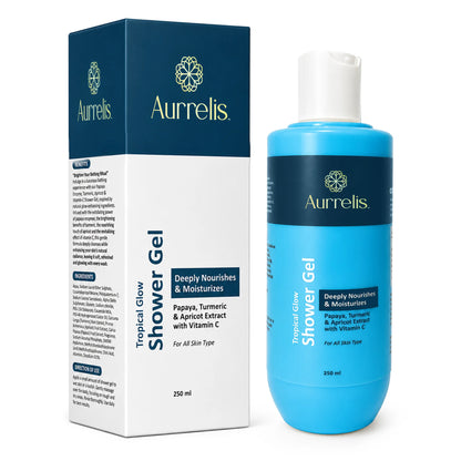 Aurrelis Tropical Glow herbal body wash in a 250ml bottle, refreshing and nourishing bath and body cleanser with tropical herbal ingredients.