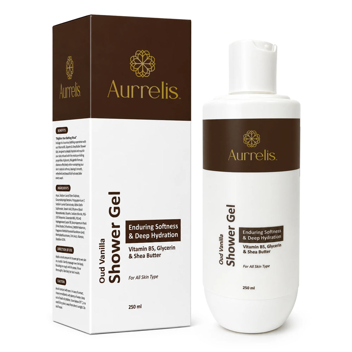 Aurrelis Midnight Oud Vanilla moisture body wash, a 250ml deep hydrating bath and body cleanser with luxurious fragrance.