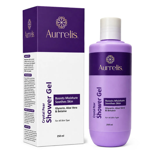 Aurrelis Crystal Pear Hydrating Body Wash in 250ml bottle, refreshing moisture body cleanser with crystal pear scent.
