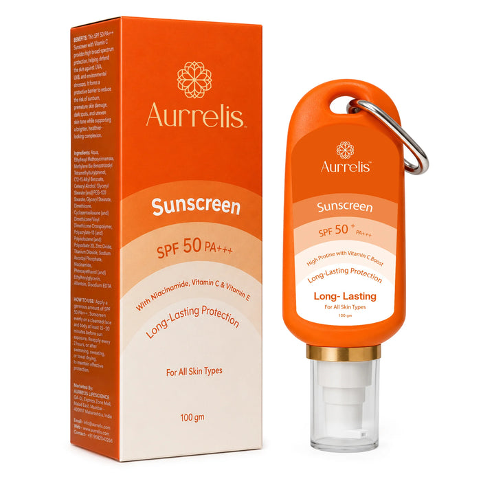 Aurrelis Saffron Radiance SPF 50 PA++ face cream in a 100ml jar, featuring brightening and hydrating skincare for glowing skin.