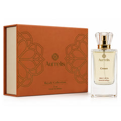Aurrelis Crown Luxury Eau de Parfum for men and women, featuring citrus, woody, and amber notes in a sleek bottle.