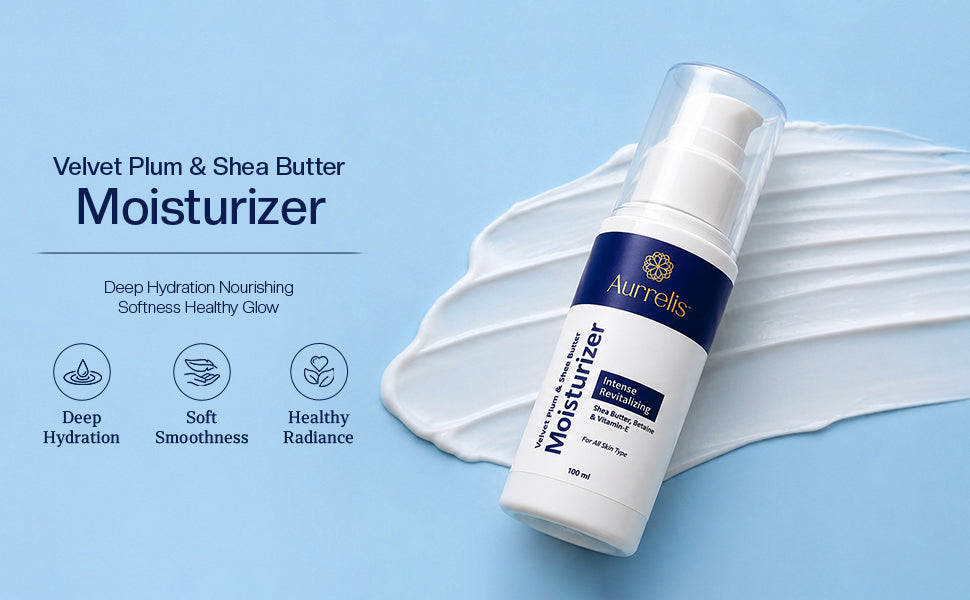 Aurreilis Velvet Plum Shea Moisturizer in 100ml bottle, featuring shea butter, betaine, vitamin E, with oud and amber fragrance.