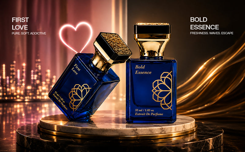 Aurrelis Signature Extrait De Parfum gift set with two 100ml bottles, featuring floral, fruity, and musk fragrances in an elegant feminine design.