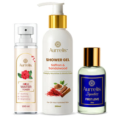 Aurrelis Combo Pack – Saffron Shower Gel, Rose Toner & First Love Perfume | Skincare & Fragrance Set