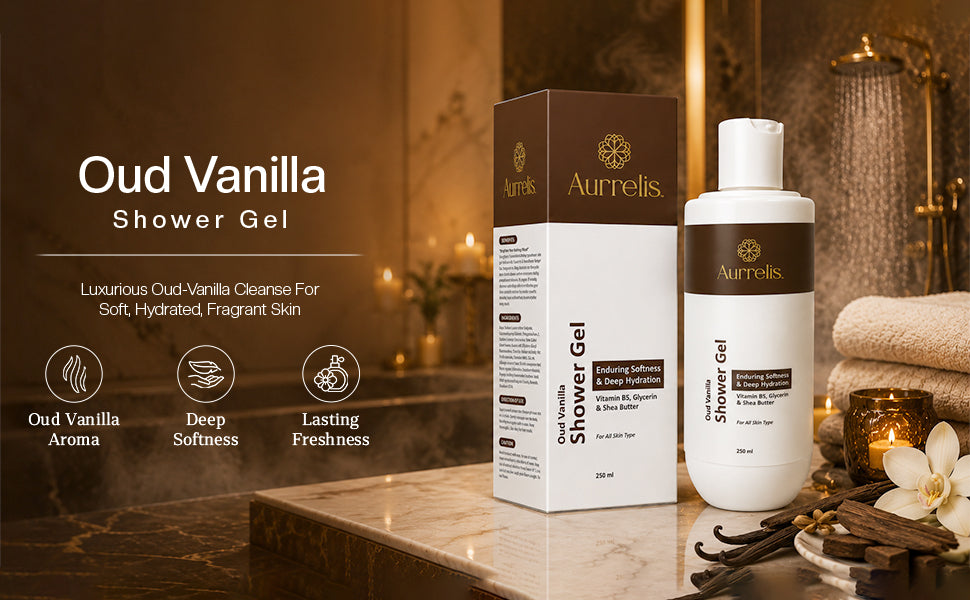 Aurrelis Midnight Oud Vanilla Moisture Body Wash in 250ml bottle, deep hydrating luxury bath and body cleanser, rich in oud and vanilla scents.