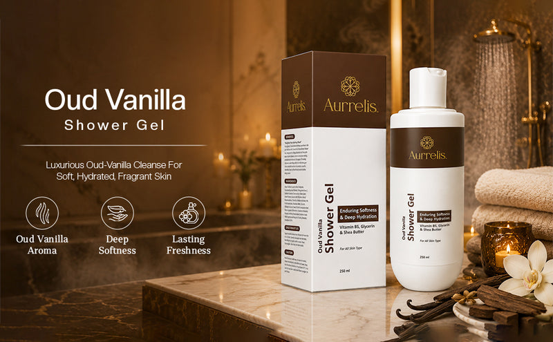 Aurrelis Midnight Oud Vanilla Moisture Body Wash in 250ml bottle, deep hydrating luxury bath and body cleanser, rich in oud and vanilla scents.