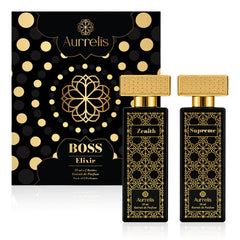 Aurrelis Boss Elixir Collection perfume gift set, featuring two 55ml luxury extrait de parfum bottles with elegant packaging.