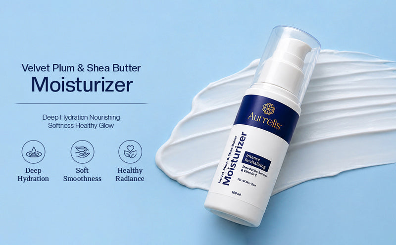 Aurrelis Velvet Plum Shea Body Lotion in a 100ml bottle, featuring a rich, deep nourishing formula for soft, glowing skin.
