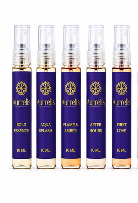 Aurrelis Parfum fragrance discovery set with five 10ml perfume vials arranged in a gift box on a white background.