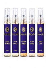 Aurrelis Parfum fragrance discovery set with five 10ml perfume vials arranged in a gift box on a white background.