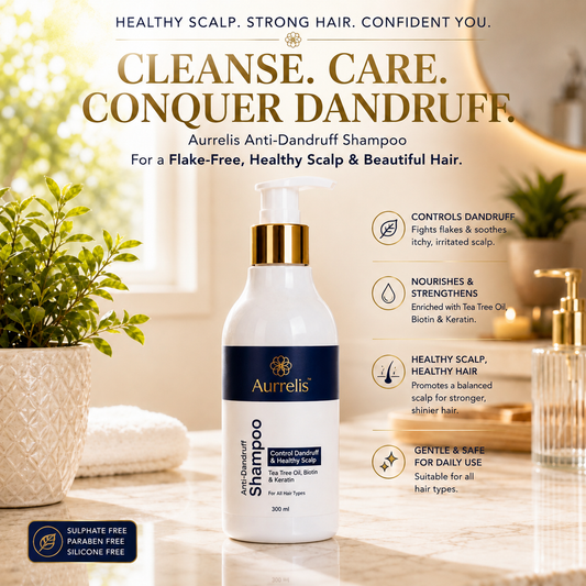 Aurrelis Arctic Scalp Anti-Dandruff Shampoo bottle with Piroctone Olamine, keratin, biotin, and tea tree oil for healthy hair.