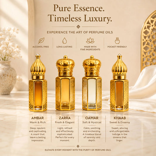 Taahara luxury attar gift set with four premium alcohol-free perfume oils in elegant bottles, including Zarra, Khaab, Ambar, and Qamar.