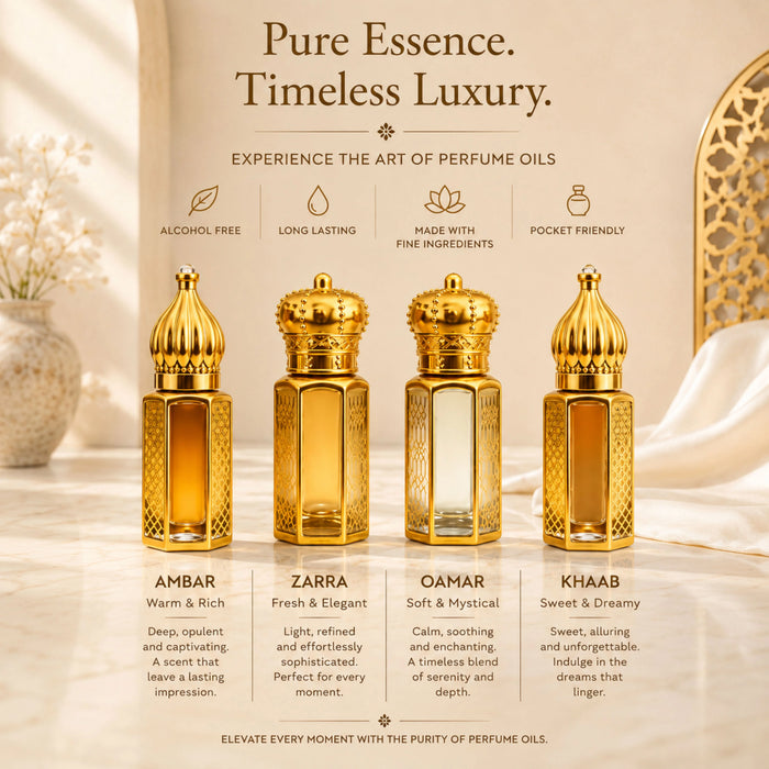 Taahara luxury attar gift set with four premium alcohol-free perfume oils in elegant bottles, including Zarra, Khaab, Ambar, and Qamar.
