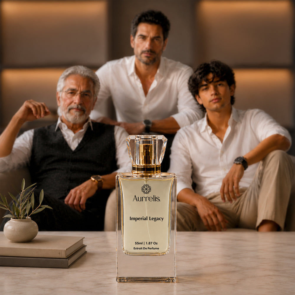 Aurrelis Imperial Legacy luxury parfum bottle, 55ml extrait de parfum for men and women with elegant packaging and sleek design.