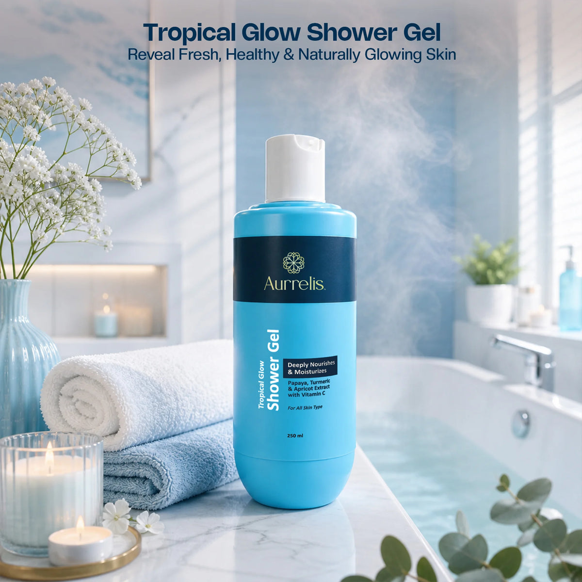 Aurrelis Tropical Glow herbal body wash in 250ml bottle, refreshing and nourishing bath and body cleanser with tropical herbal ingredients.