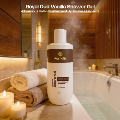 Aurrelis Midnight Oud Vanilla Moisture Body Wash bottle showing deep hydrating bath and body cleanser with luxurious scent.