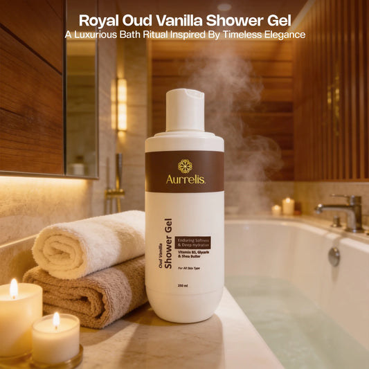 Aurrelis Midnight Oud Vanilla Moisture Body Wash bottle showing deep hydrating bath and body cleanser with luxurious scent.
