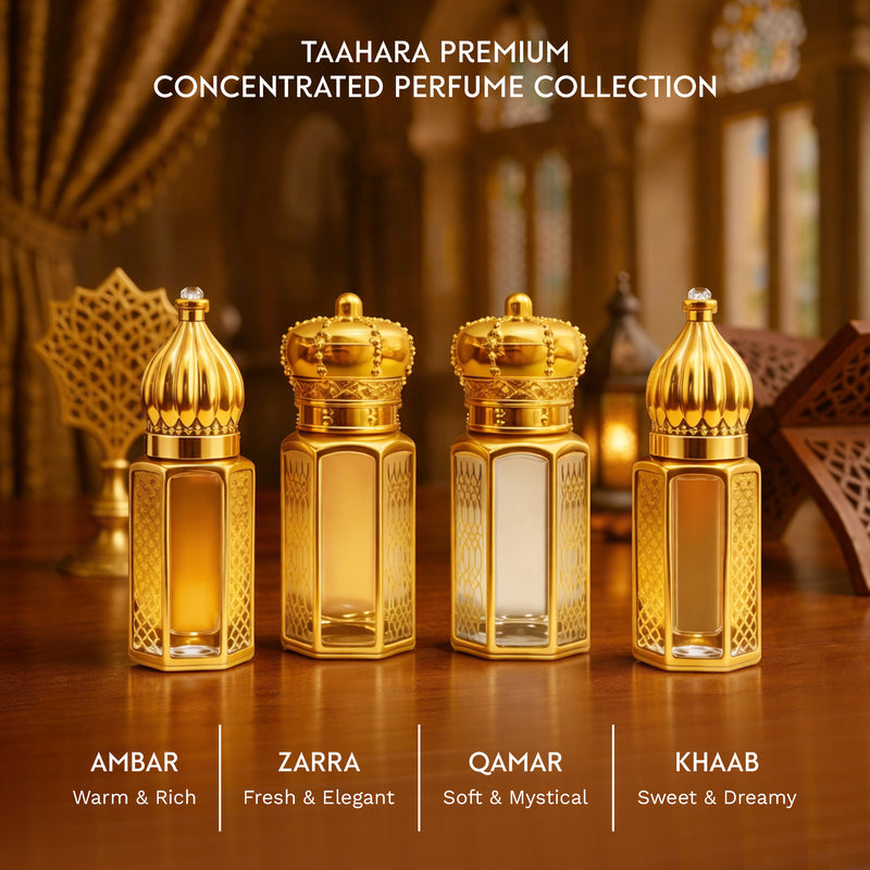 Taahara Luxury Attar Gift Set – 4 Premium Alcohol-Free Perfume Oils | Zarra, Khaab, Ambar & Qamar