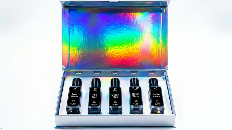 Slayd Look Legit Alpha Men perfume discovery set with five 20ml extrait de parfum bottles, masculine gift set for men.