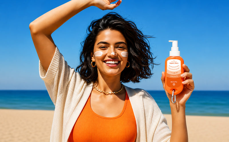 Aurrelis Saffron Radiance SPF 50 PA++ face cream jar showing brightening and hydrating skincare for glowing skin, 100 ML size.