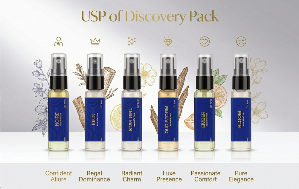 Aurrelis Signature Perfume Discovery Set with six 8ml fragrance vials displayed in a sleek package.
