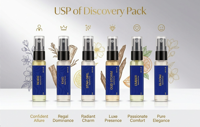 Aurrelis Signature Perfume Discovery Set with six 8ml fragrance vials displayed in a sleek package.