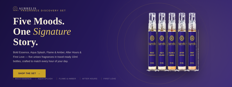 Aurrelis Parfum fragrance discovery set with five 10ml perfume samples in sleek bottles, perfect for gift or personal use.