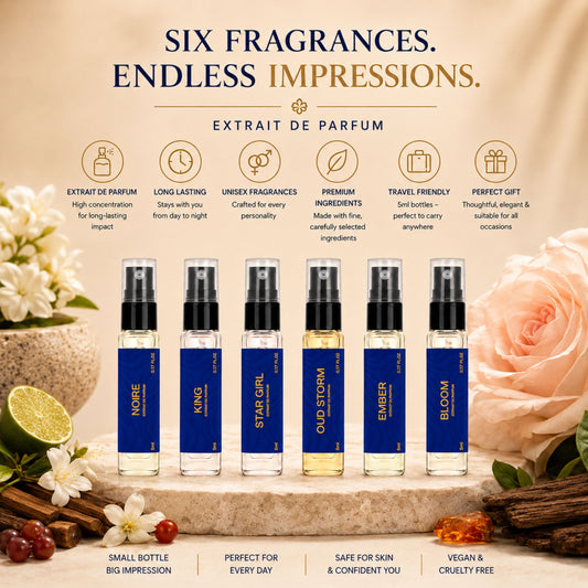Aurrelis Signature Parfum Pocket Discovery Pack with six 8ml perfume samples in sleek, travel-friendly containers.