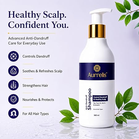Aurrelis Arctic Scalp Anti-Dandruff Shampoo bottle with piroctone olamine, keratin, biotin, and tea tree oil for scalp care.
