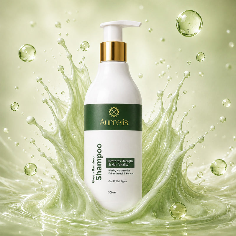 Aurrelis Green Bamboo Strength Shampoo bottle for nourishing and strengthening hair, 300 ML, with fresh green bamboo imagery