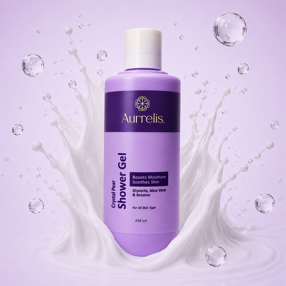 Aurrelis Crystal Pear Hydrating Body Wash bottle, 250 ML, with refreshing, moisturizing body cleanser in a sleek pump bottle.