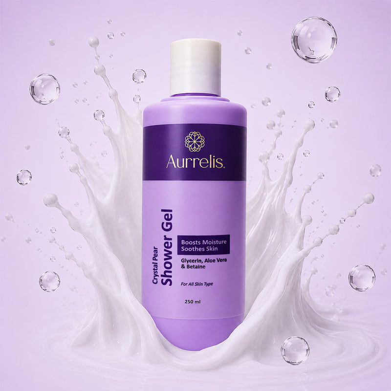 Aurrelis Crystal Pear Hydrating Body Wash bottle, 250 ML, with refreshing, moisturizing body cleanser in a sleek pump bottle.