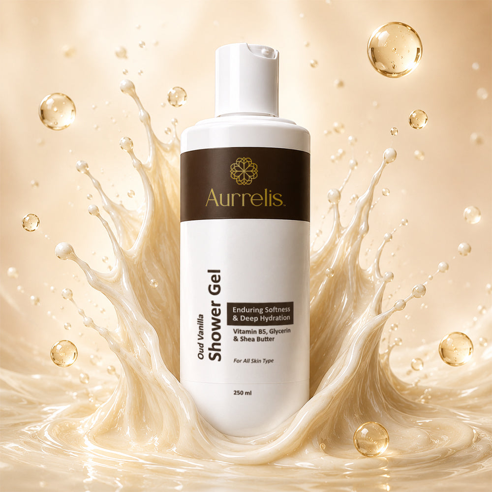 Aurrelis Midnight Oud Vanilla Moisture Body Wash in a 250ml bottle, deep hydrating luxury bath and body cleanser.